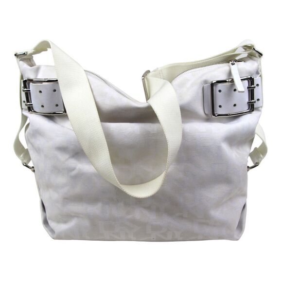 LARGE DKNY SIGNATURE WHITE JACQUARD LEATHER SHOULDER BAG CROSSBODY HOBO PURSE - Picture 1 of 14